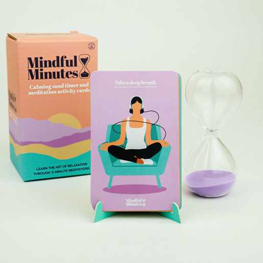 Mindful Minutes activity card pack with hourglass timer and colourful illustrated box