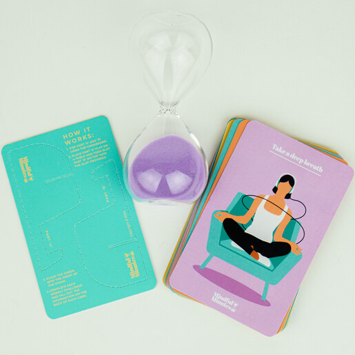 Mindful Minutes meditation cards with glass purple sand timer and flat pop-out stand