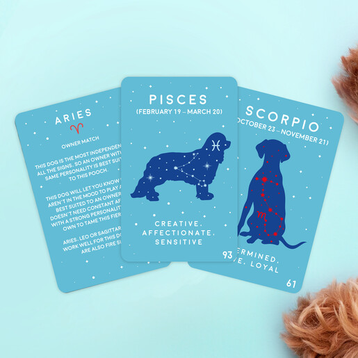 Three Paw-Mistry dog cards displaying Aries, Pisces and Scorpio canine profiles