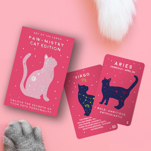 Paw-Mistry pink card deck with Virgo and Aries astrological cat cards