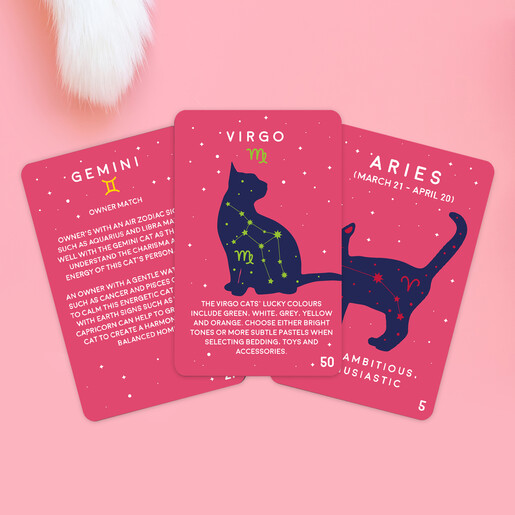 Three pink feline astrology cards showing Gemini, Virgo, and Aries details