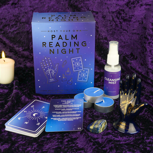 Host Your Own Palm Reading Night kit with cards, ceramic hand, and mist