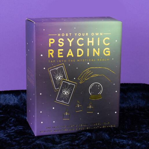 Purple packaging box with gold foil lettering for psychic reading game