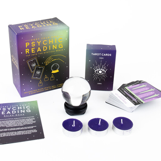 Psychic reading set including tarot deck crystal ball guidebook and tealights