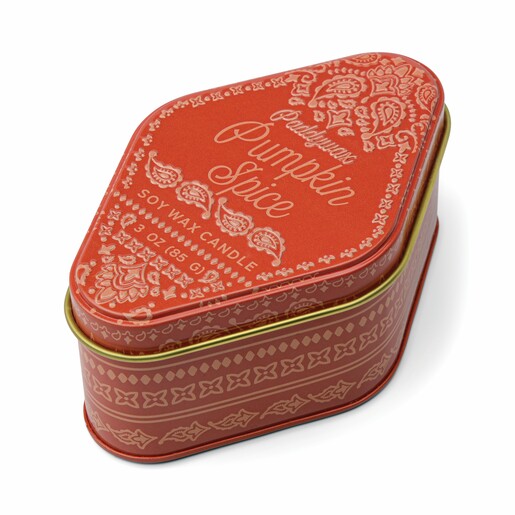 Closed Paddywax pumpkin spice candle in a terracotta bandana printed decorative tin