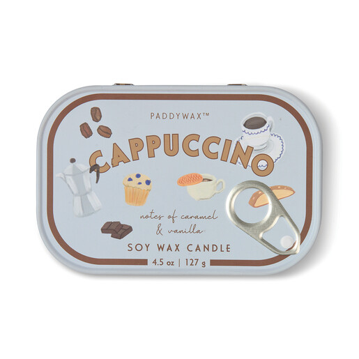 Top view of the Paddywax cappuccino tin lid with retro café illustrations
