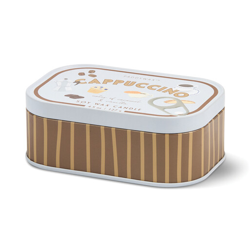 Paddywax cappuccino scented soy candle in a brown and cream striped tin