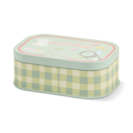 Paddywax Macaron bistro tin candle with green gingham pattern closed on white background