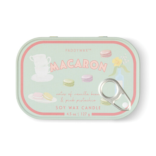 Top view of Paddywax Macaron bistro candle tin with illustrated lid and ring pull detail