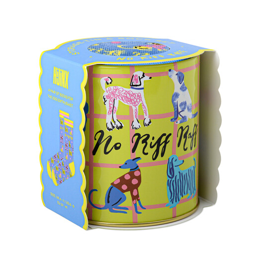 Hijinx No Riff Raff dog socks in an illustrated yellow gift tin