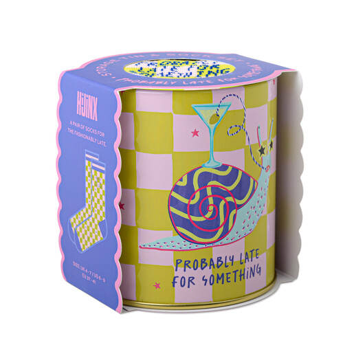 Hijinx Probably Late For Something socks packaged inside an illustrated keepsake tin