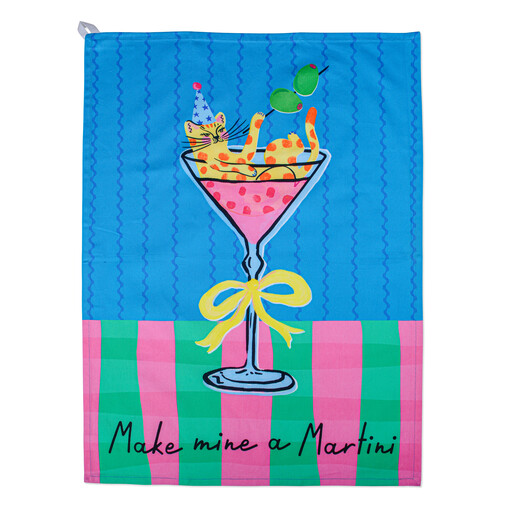 Full view of the colourful Hijinx Make Mine a Martini cotton tea towel