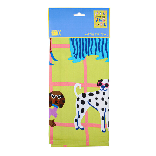 Folded Hijinx No Riff Raff dog tea towel with branded packaging header card.