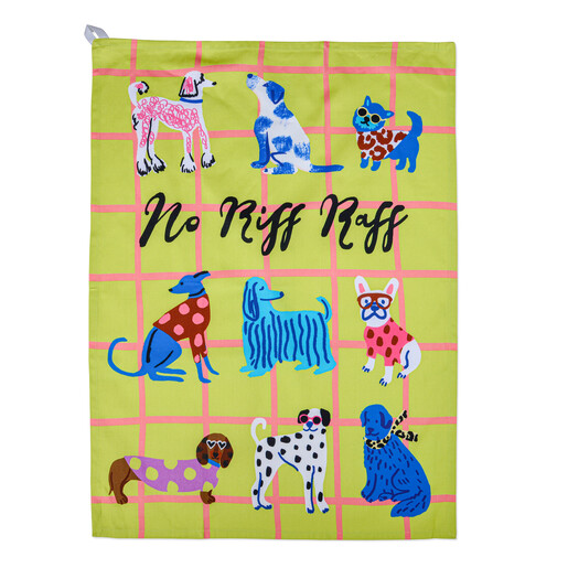 Full view of lime green and pink grid No Riff Raff dog tea towel.