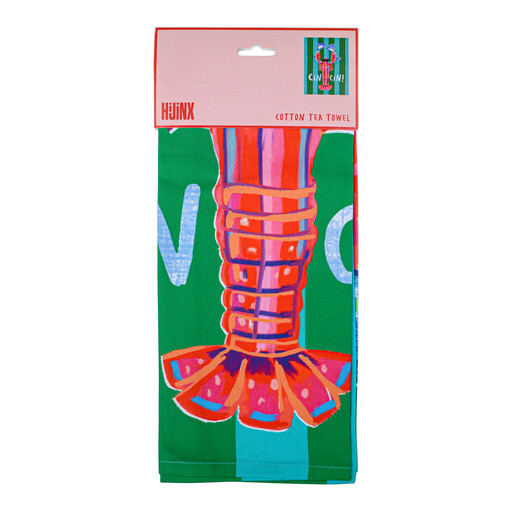 Folded Hijinx Cin Cin lobster tea towel in packaging with pink header card