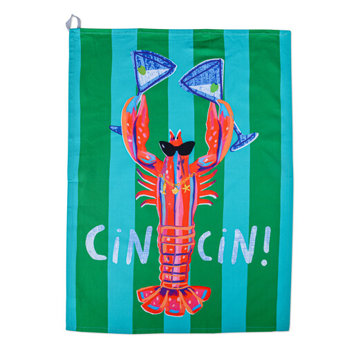 Flat view of green striped cotton tea towel featuring lobster holding cocktail glasses
