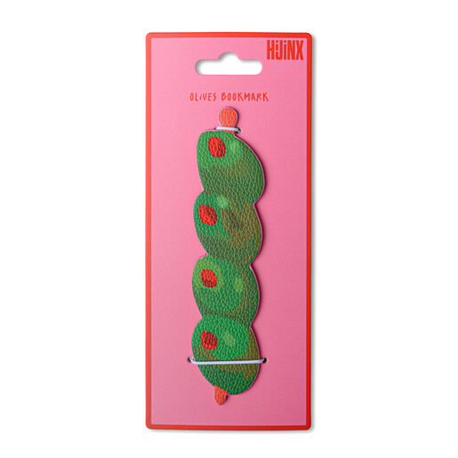 Hijinx olives leather bookmark packaged on a bright pink backing card