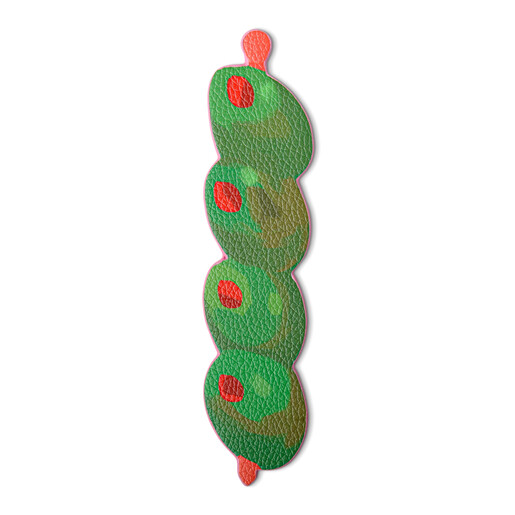 Green leather bookmark in the shape of stuffed olives on a pick