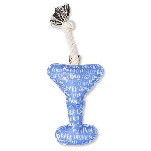 Back view of martini pet toy with blue dog typography pattern
