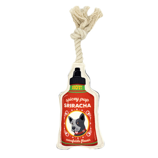 Hot sauce bottle shaped pet toy with knotted rope handle