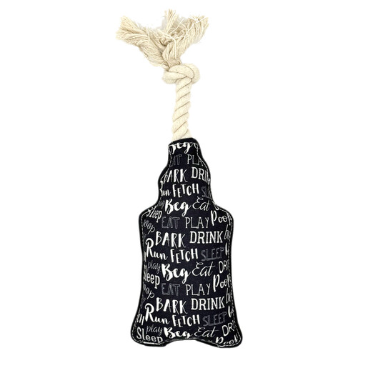 Reverse side of hot sauce dog toy featuring monochrome typography pattern