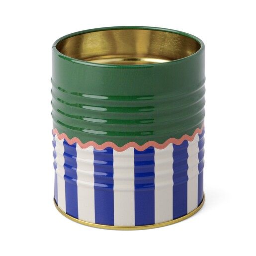 A Dopo grooved storage tin featuring green, blue and cream stripes.