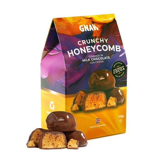 Gnaw Milk Chocolate Honeycomb Bites box packaging with chocolate pieces in front