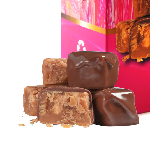 Close-up of Gnaw clotted cream fudge bites coated in smooth milk chocolate