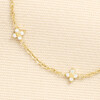 Detailed close-up of a crystal-studded clover station charm on a gold chain
