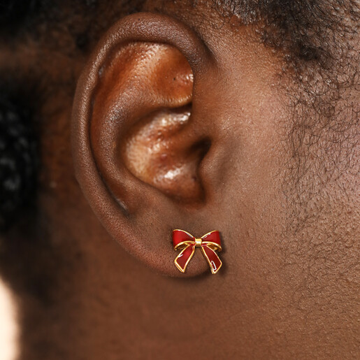 enamel earrings in red on model
