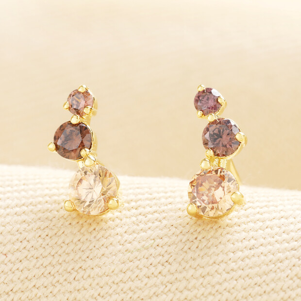 Brown Triple Crystal Climber Stud Earrings in Gold