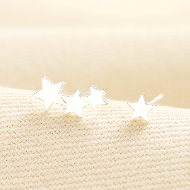 Mismatched Triple Star and Single Star Stud Earrings in Silver