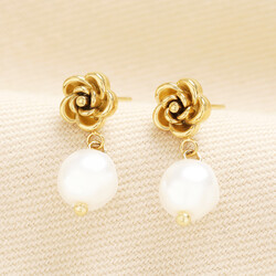 Stainless Steel Flower Pearl Drop Earrings in Gold