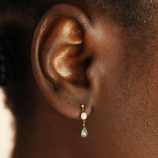 tiny semi-precious stone drop earring in gold model shot