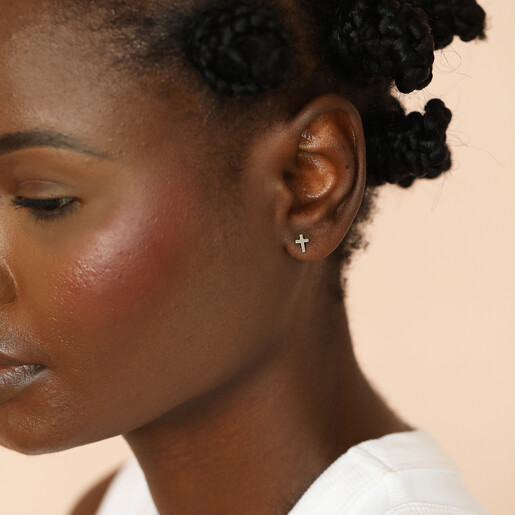 model shot of stainless steel stud earrings in silver
