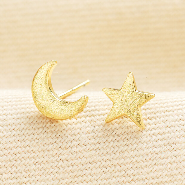 Brushed Star and Moon Stud Earrings in Gold