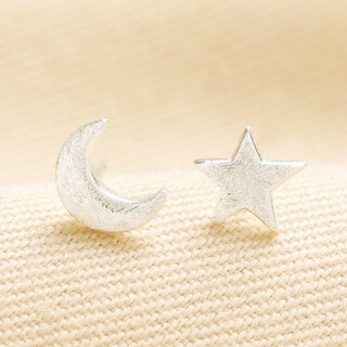 Brushed Star and Moon Stud Earrings in Silver
