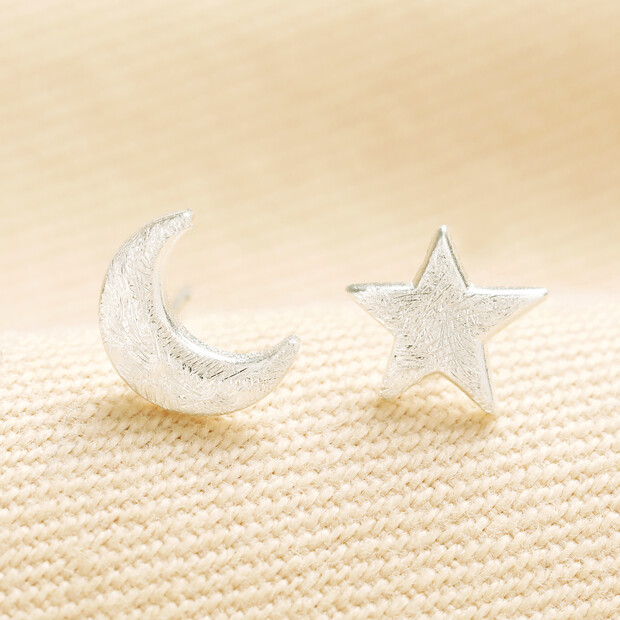 Brushed Star and Moon Stud Earrings in Silver