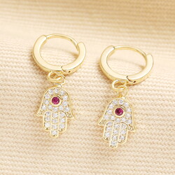 Red Crystal Hamsa Hand Charm Huggie Hoop Earrings in Gold