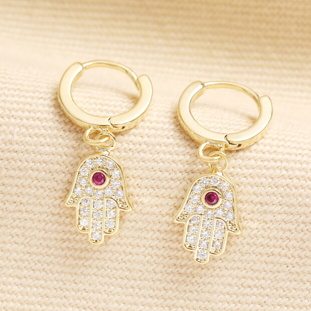 Red Crystal Hamsa Hand Charm Huggie Hoop Earrings in Gold