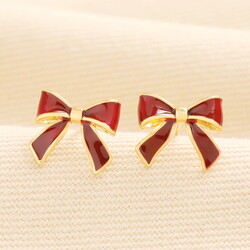 Red Enamel Bow Stud Earrings in Gold