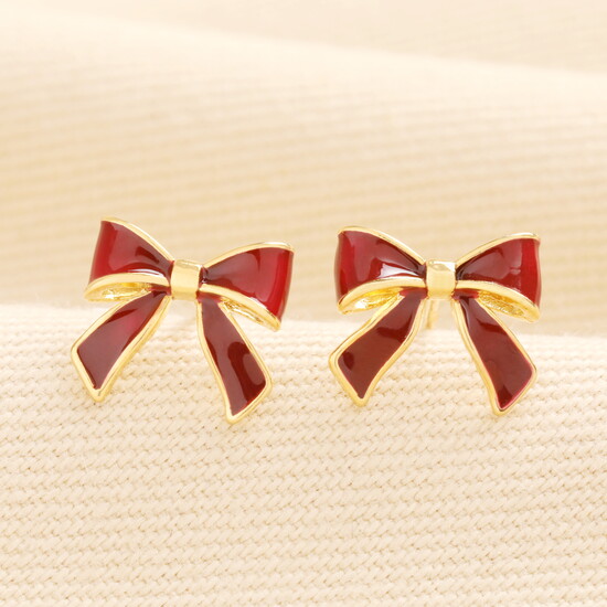 Red Enamel Bow Stud Earrings in Gold