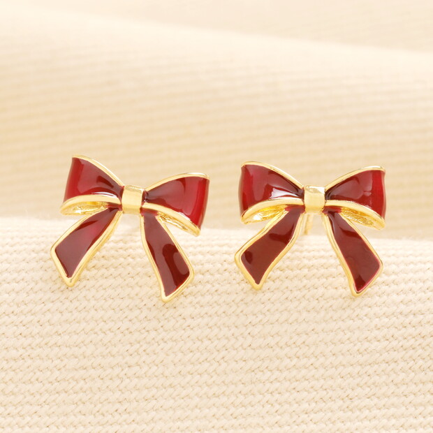 Red Enamel Bow Stud Earrings in Gold