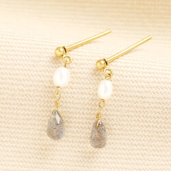 Semi Precious Labradorite Pearl Drop Earrings in Gold