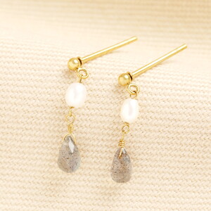 Semi Precious Labradorite Pearl Drop Earrings in Gold