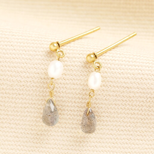 stainless steel drop earrings with faux pearl and semi-precious stones