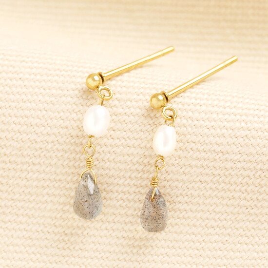 Semi Precious Labradorite Pearl Drop Earrings in Gold