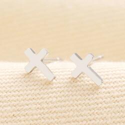 Stainless Steel Cross Stud Earrings in Silver