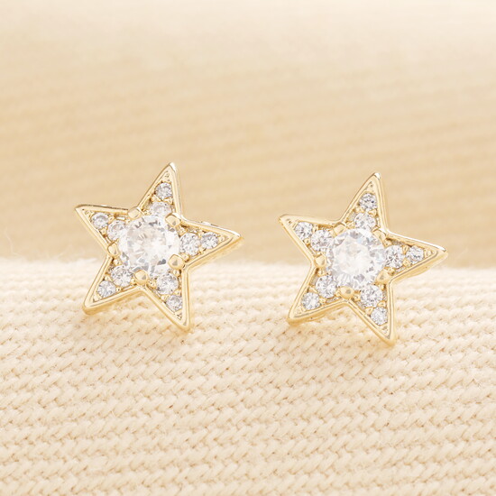 Sterling Silver Crystal Star Stud Earrings in Gold