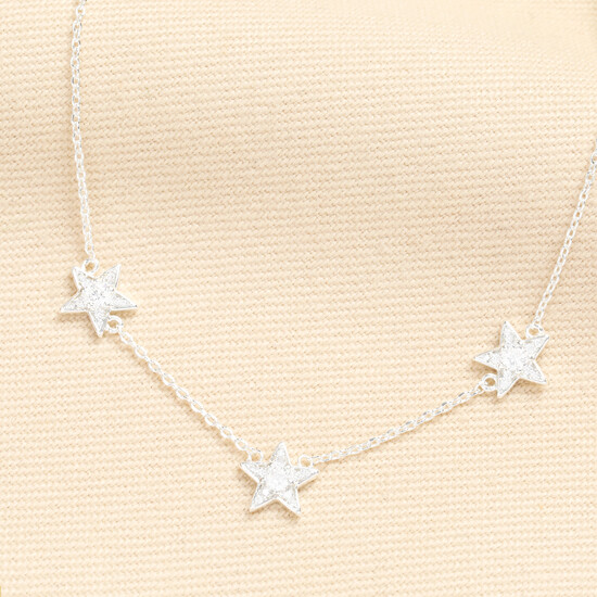 Crystal Triple Star Charm Necklace in Silver